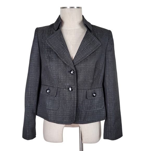 Le Suit Blazer Size 8P Black Silver Thread Textured Button Flap Pockets Lined - Picture 1 of 9